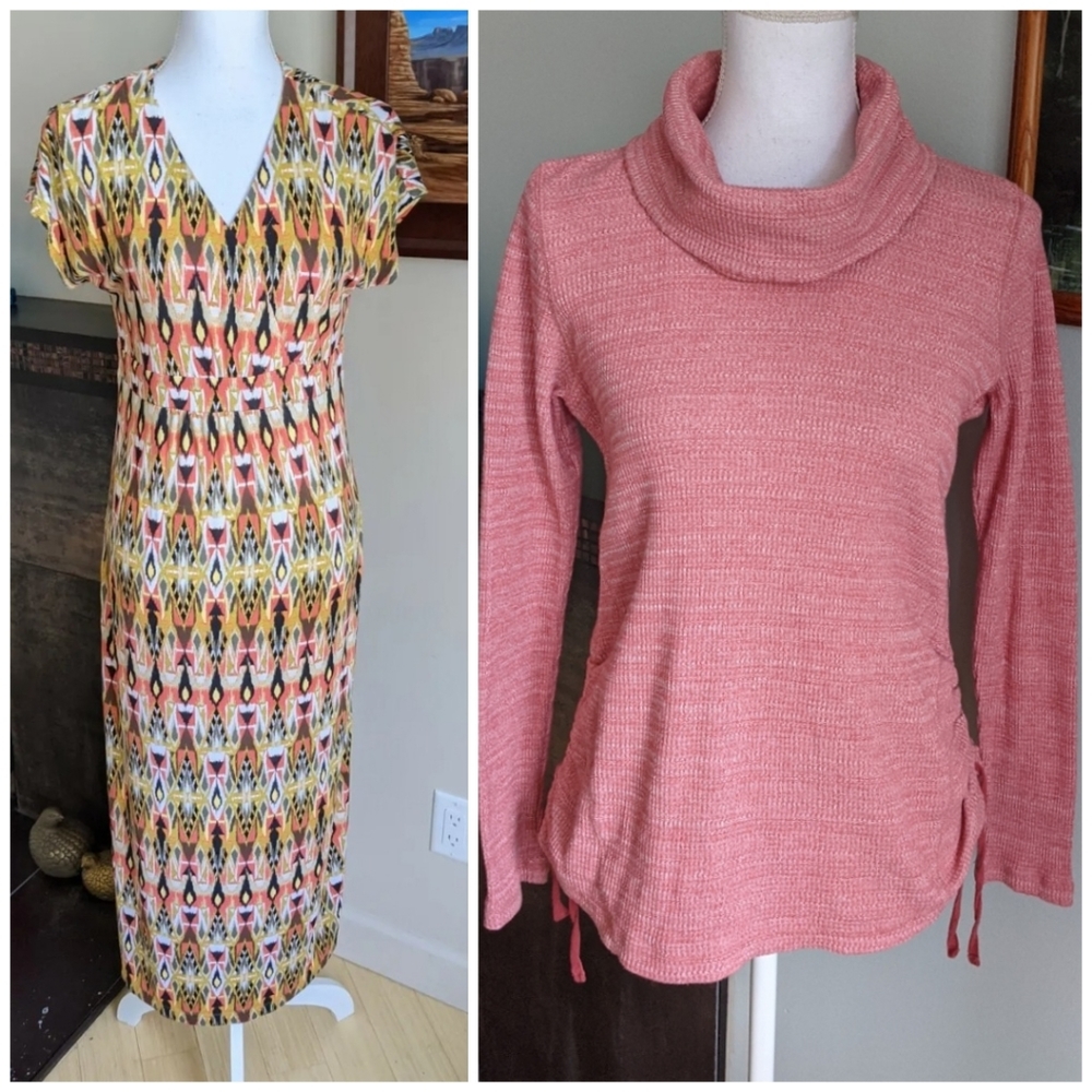 LOT of J.Jill Women's XS Cowl Turtleneck Waffle Thermal Top, Tribal Print Dress